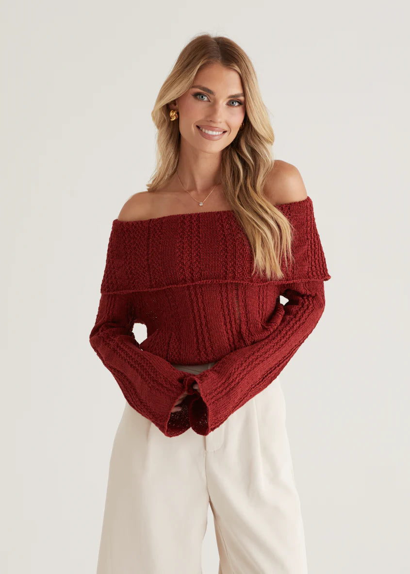 Lucy Off Shoulder Sweater - Burgundy