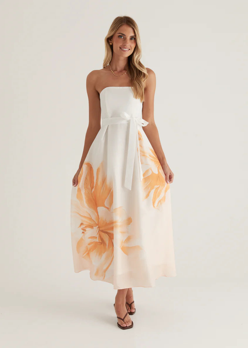Naya Strapless Midi Dress - Peach Floral