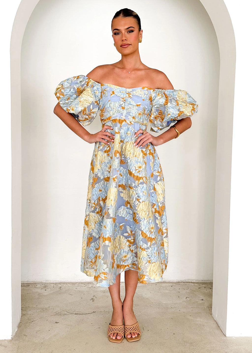 Tulliah Off Shoulder Midi Dress - Blue Jacquard