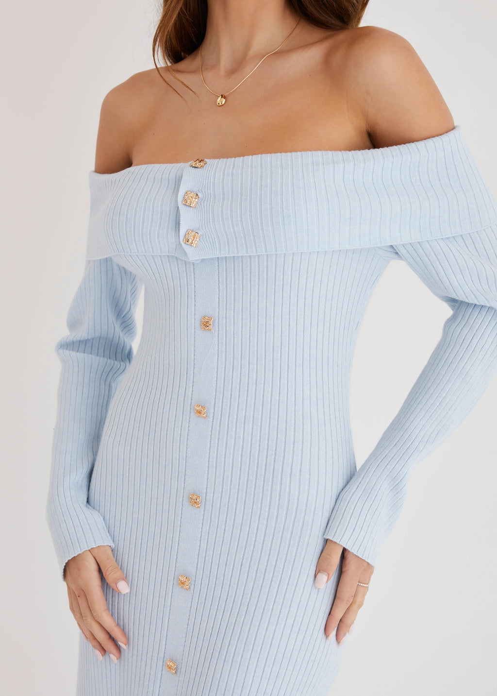 Aloe Off Shoulder Knit Maxi Dress - Powder Blue