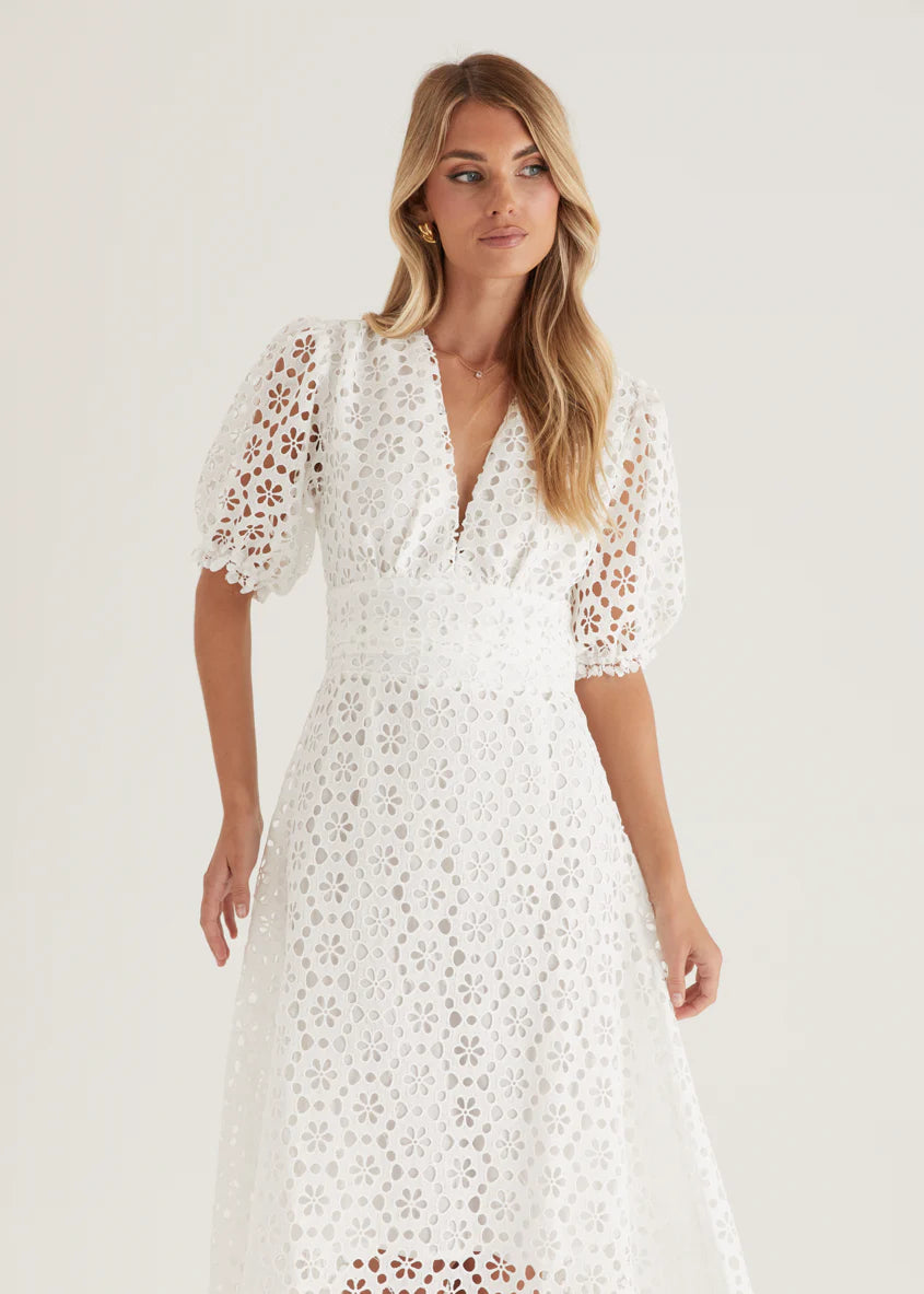 Jahra Lace Midi Dress - Off White