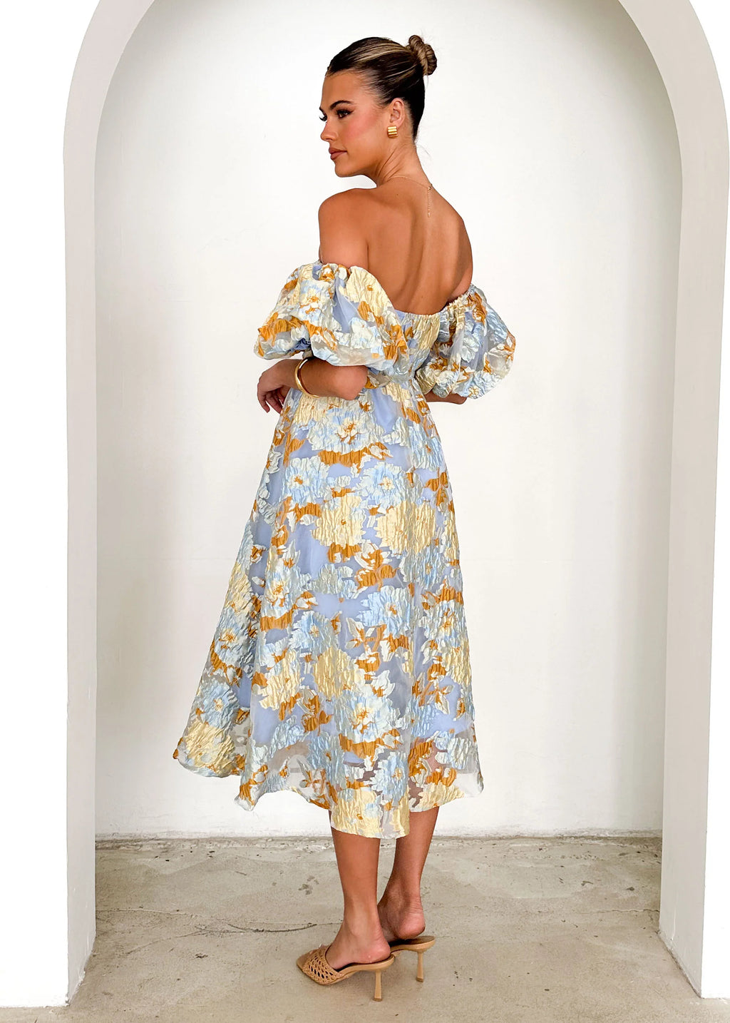 Tulliah Off Shoulder Midi Dress - Blue Jacquard