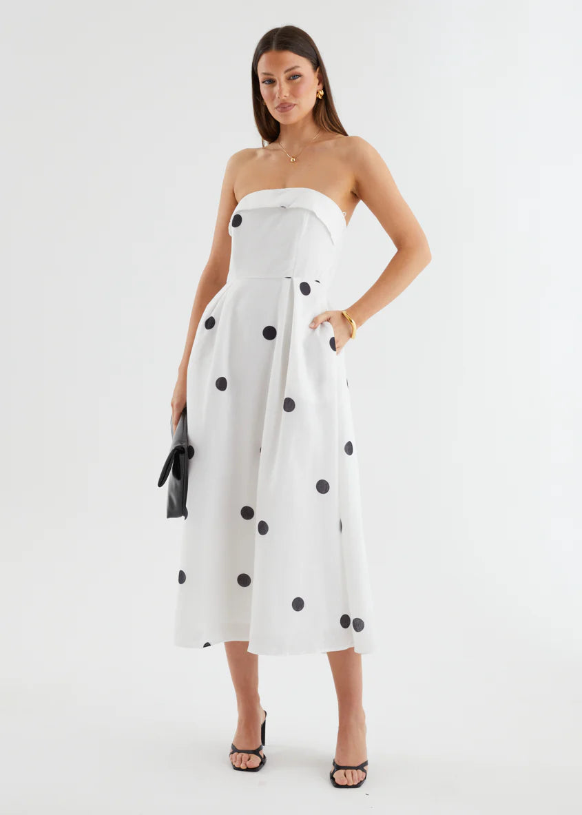 Charlee Strapless Midi Dress - White Polka