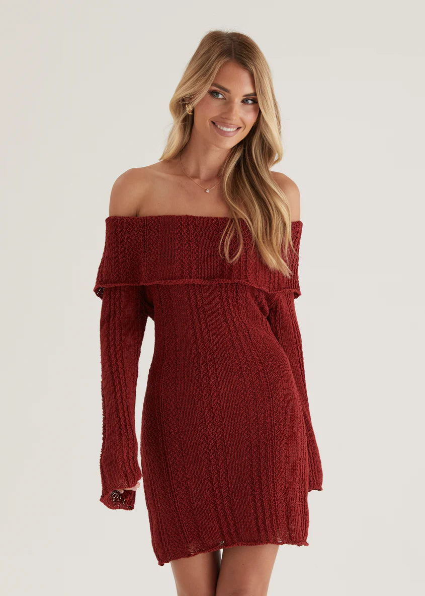 Luna Off Shoulder Knit Dress - Maroon