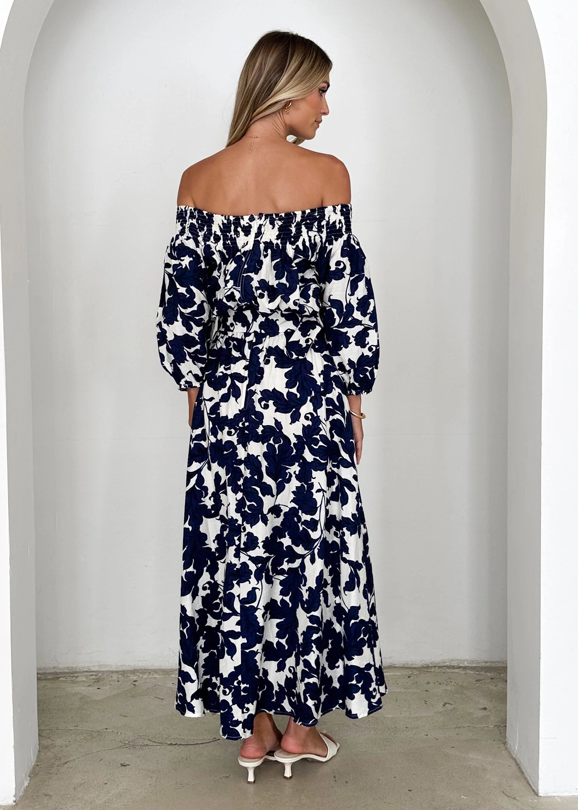Talu Off Shoulder Midi Dress - Navy Paisley