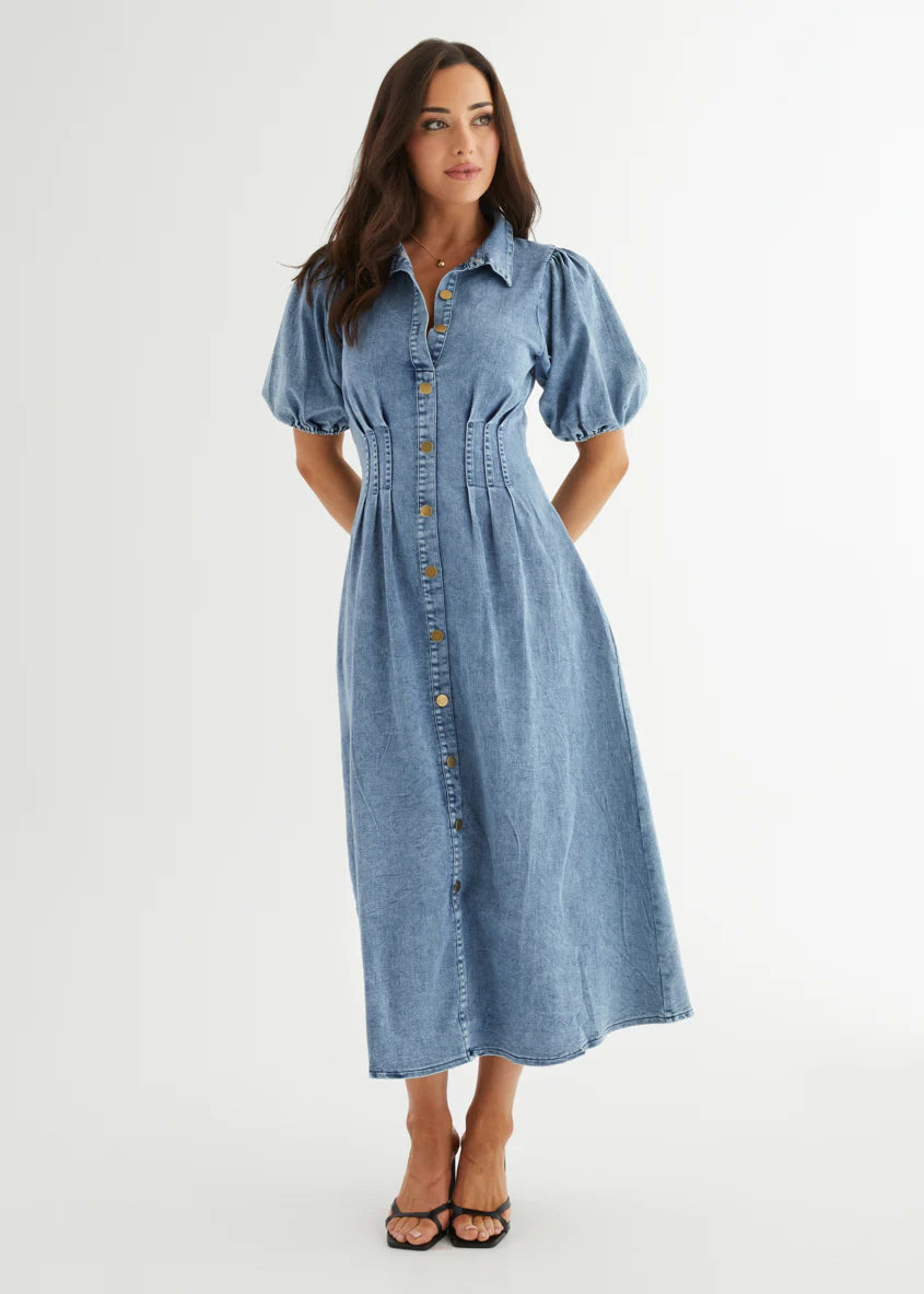 Yves Stretch Denim Midi Dress - Washed Blue