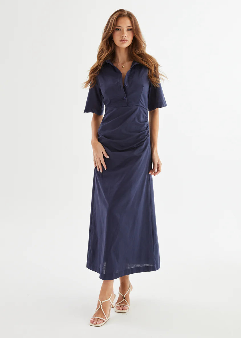 Stellar Linen Midi Dress - Navy