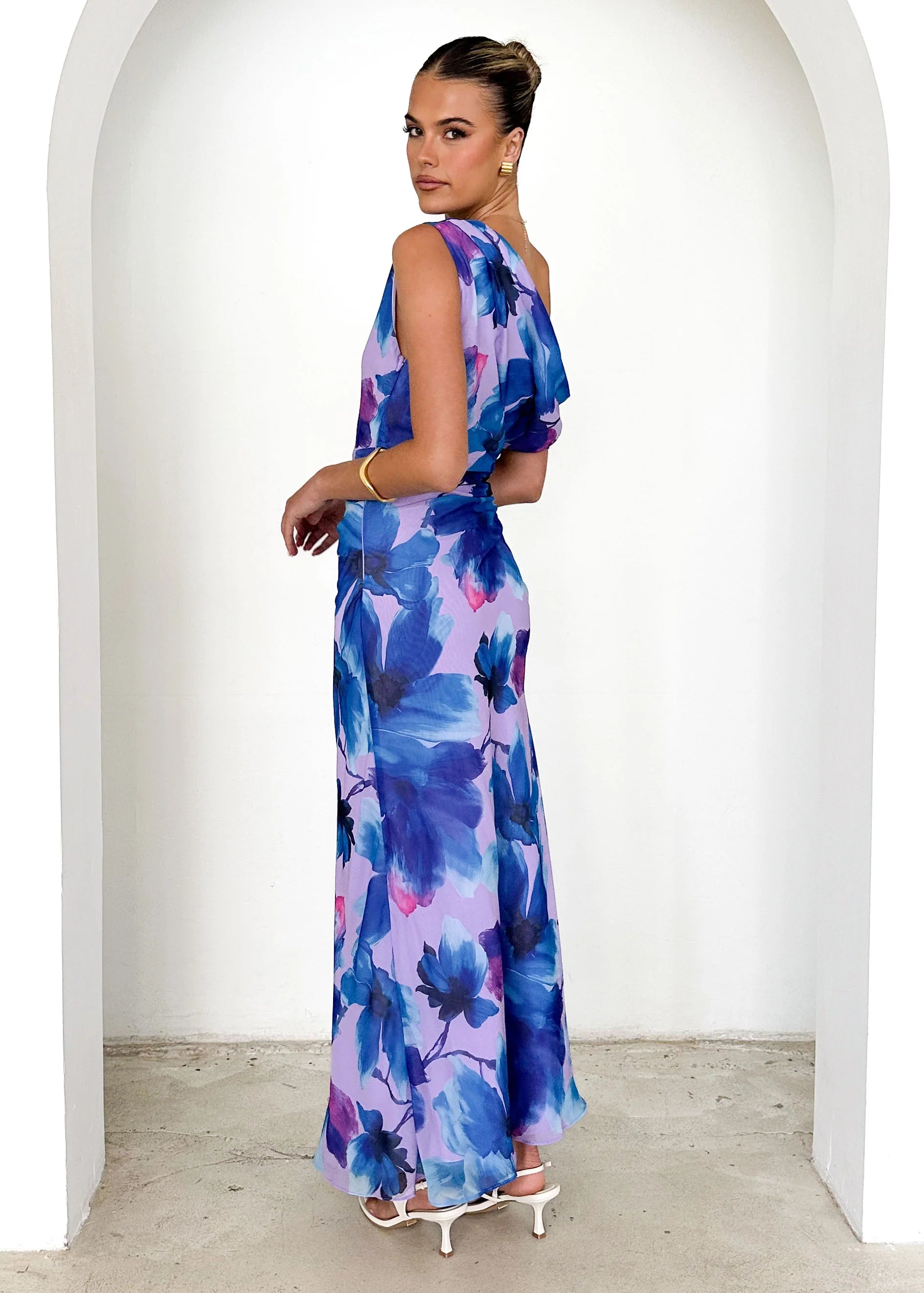 Byron One Shoulder Maxi Dress - Blue Flowers