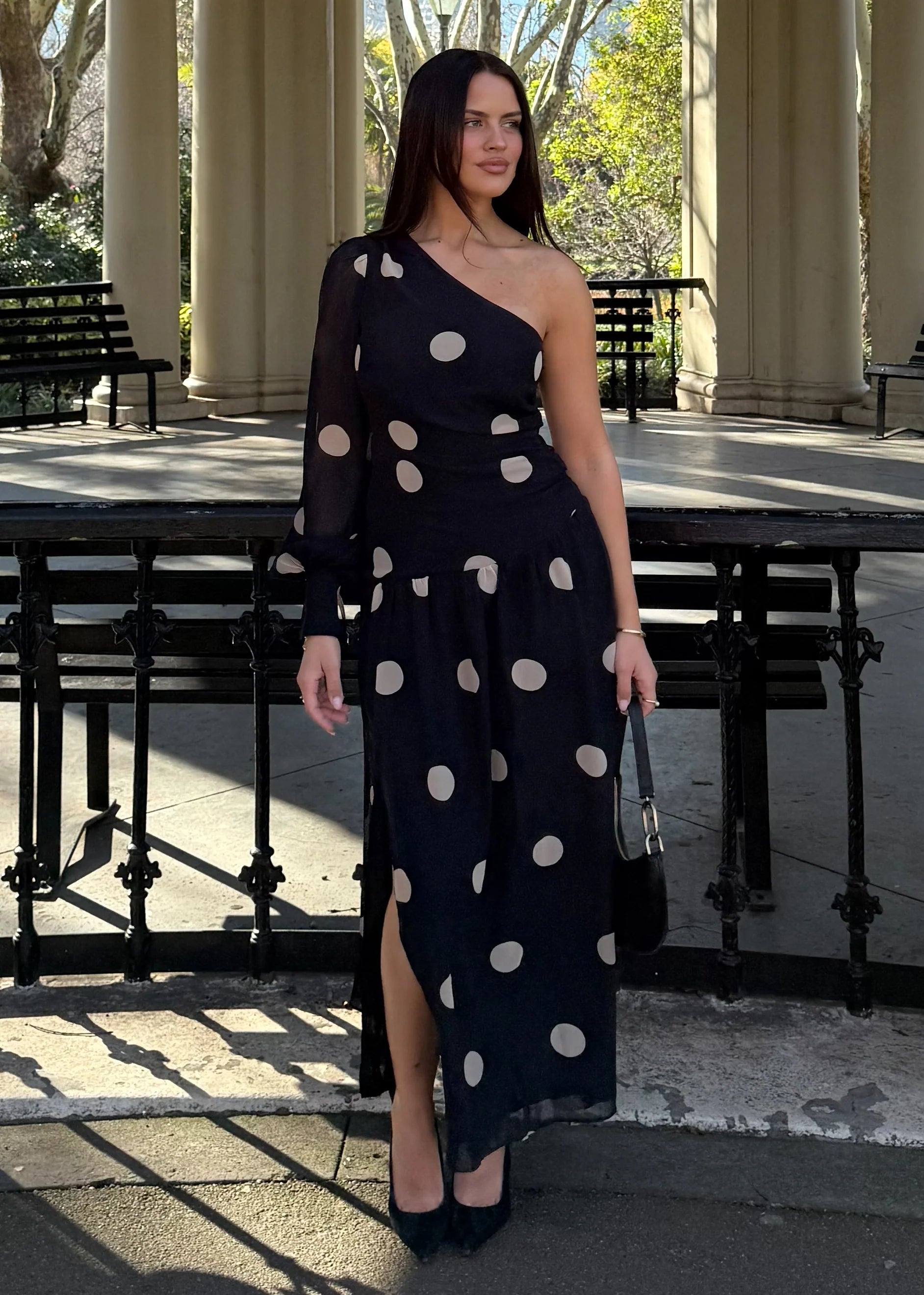 Ella One Shoulder Maxi Dress - Black Polka