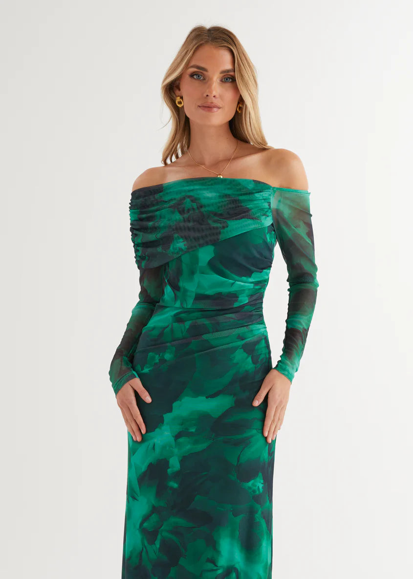 Nix Off Shoulder Maxi Dress - Emerald Watercolour