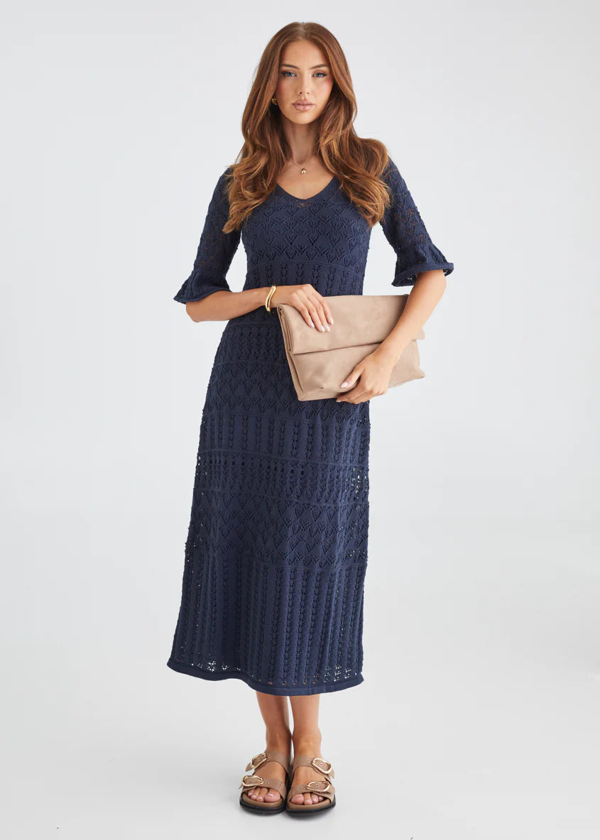 Estrela Crochet Midi Dress - Navy