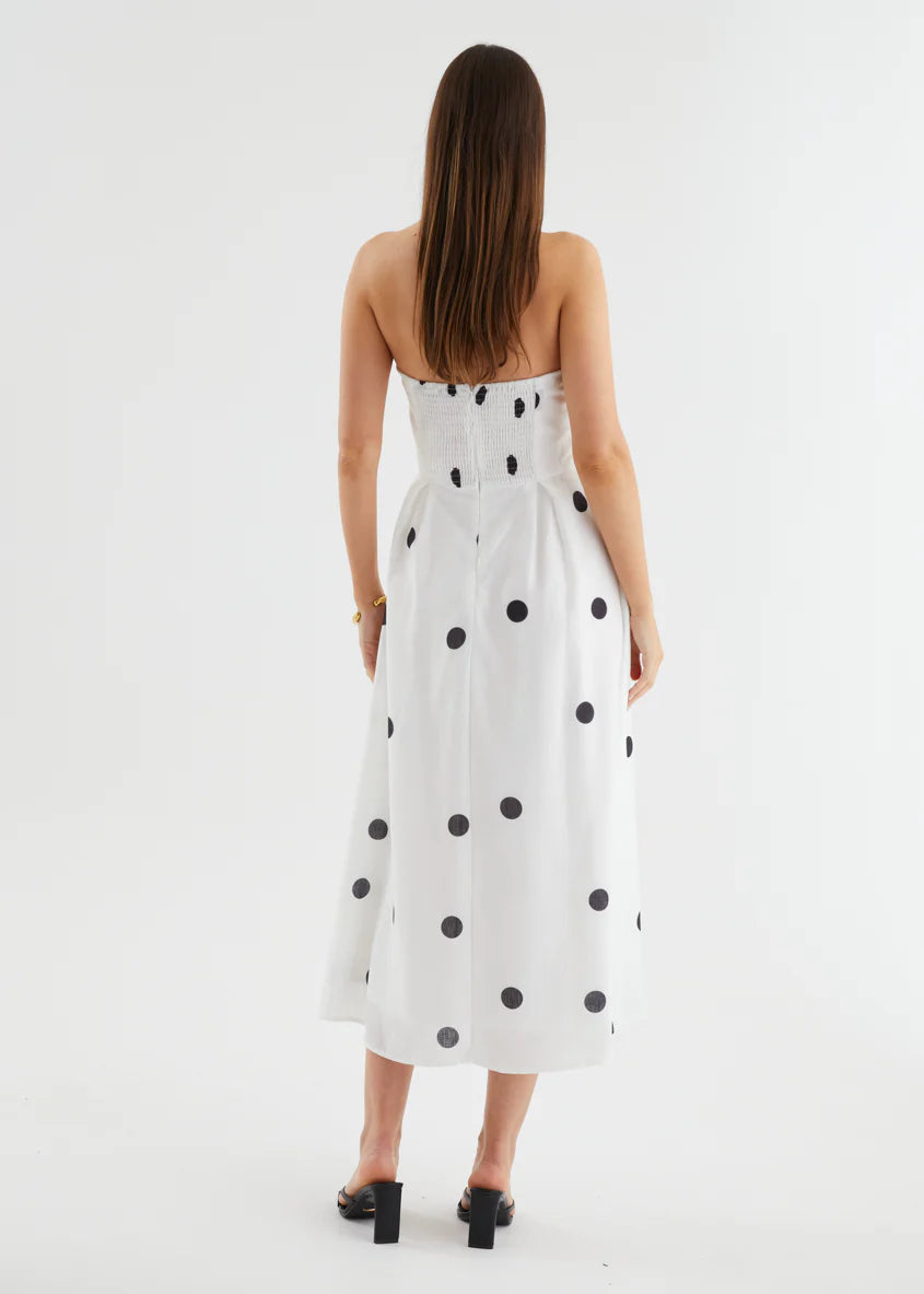Charlee Strapless Midi Dress - White Polka