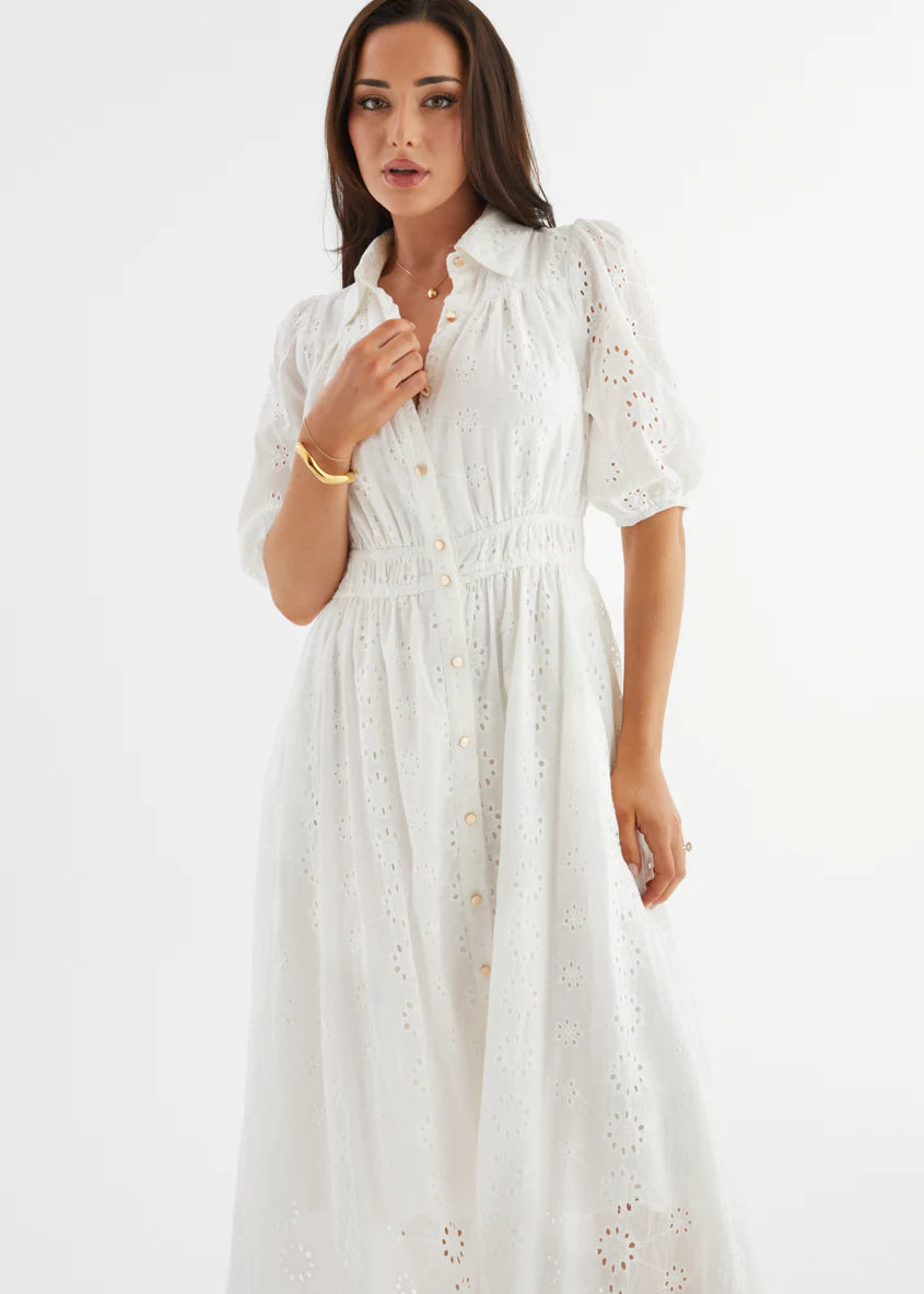 Eryn Midi Dress - White Anglaise