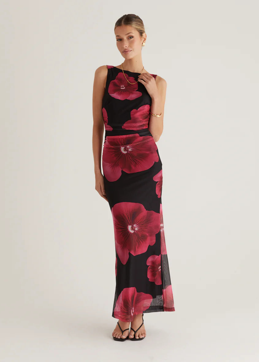 Rivka Mesh Maxi Dress - Black Floral