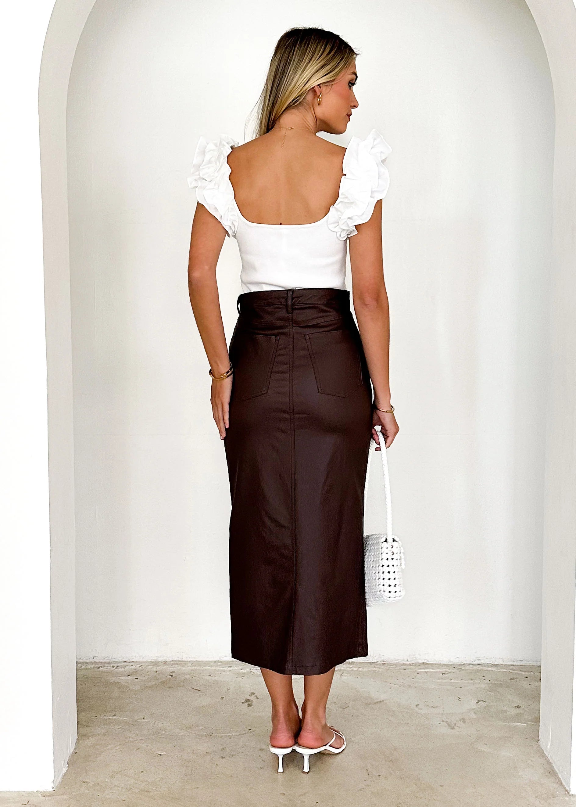 Ziya Coated Midi Skirt - Chocolate