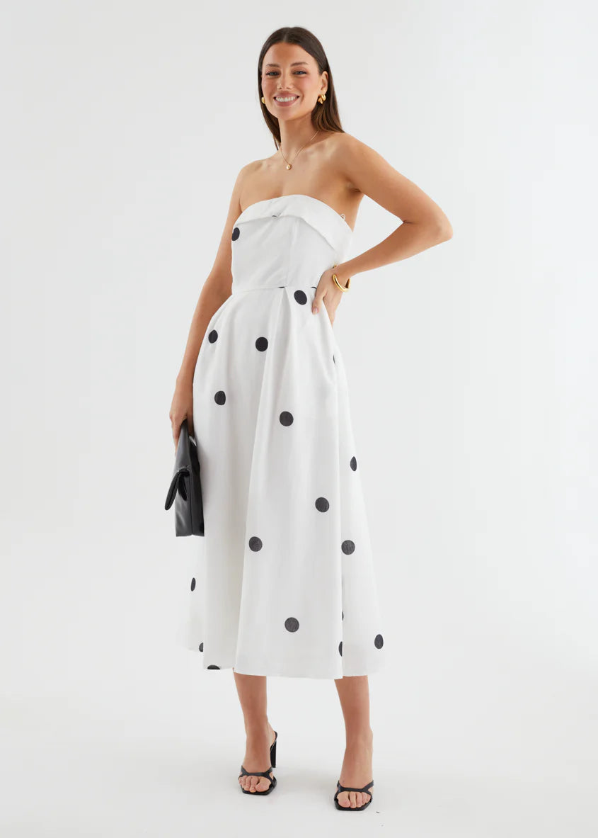 Charlee Strapless Midi Dress - White Polka
