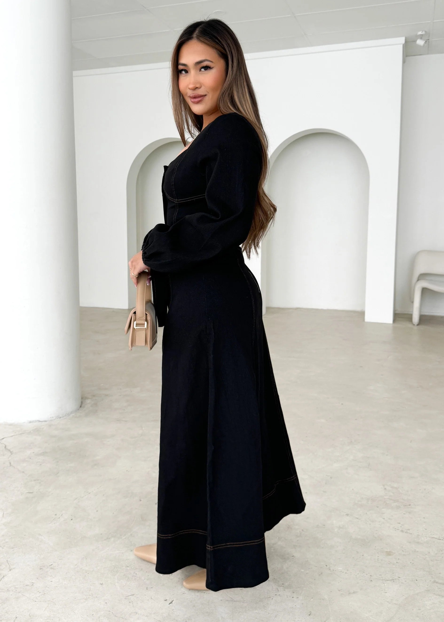 Fiorella Denim Maxi Dress - Black