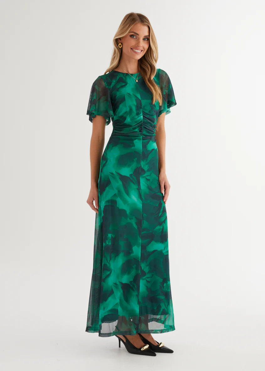 Ricki Mesh Midi Dress - Emerald Watercolour
