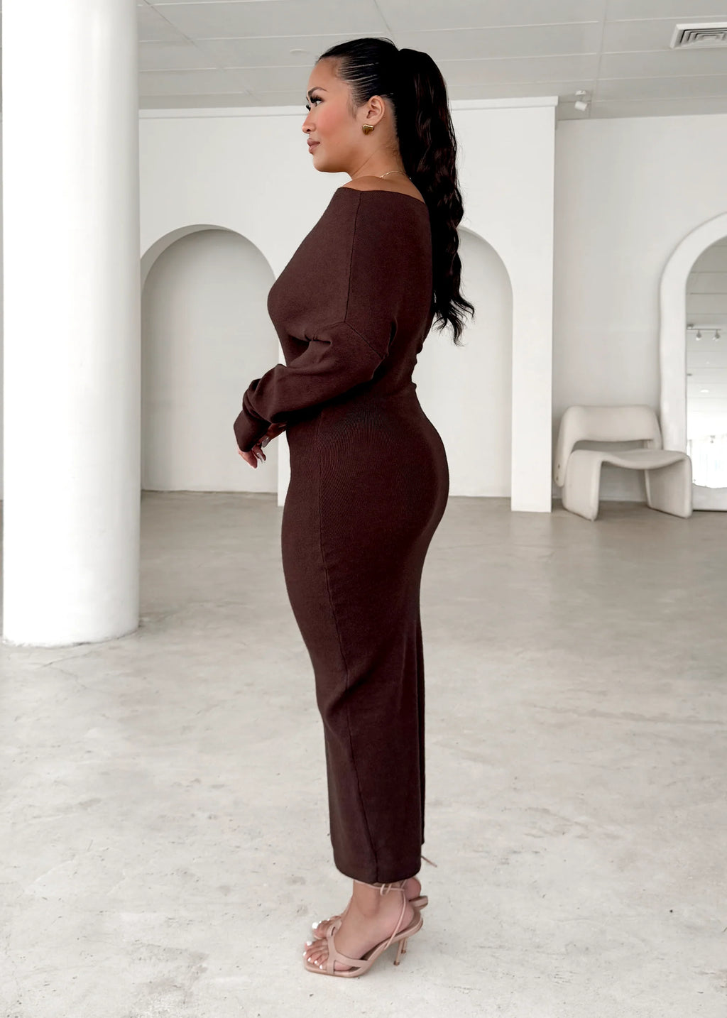 Milena Drop Shoulder Knit Midi Dress - Chocolate