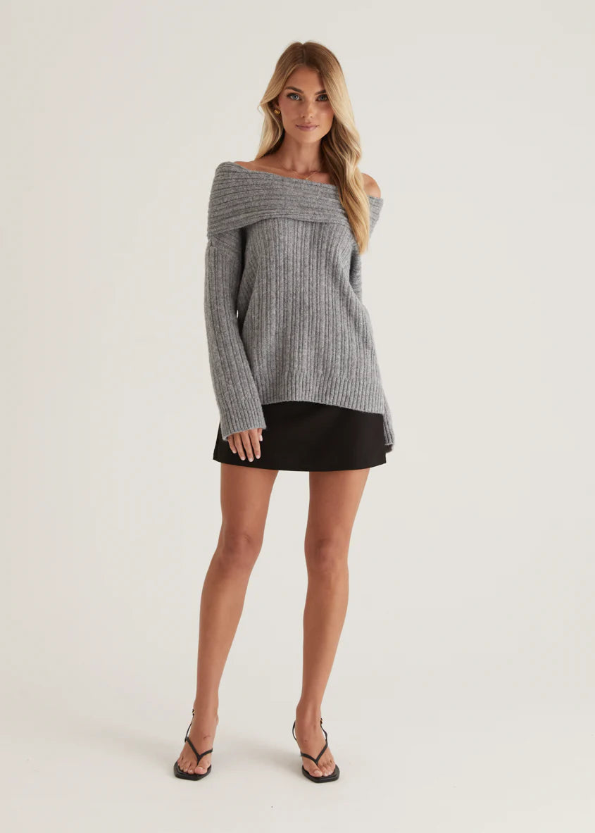 Natlie Off Shoulder Sweater - Grey