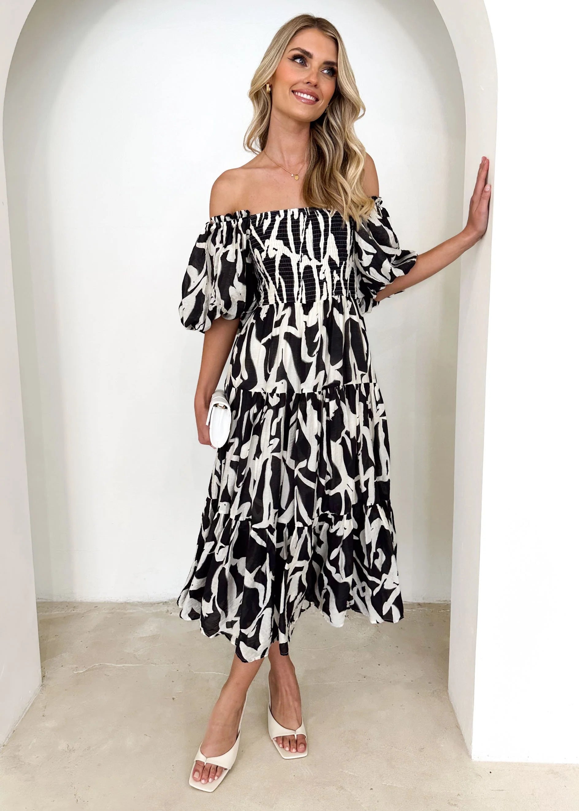 Irma Off Shoulder Midi Dress - Black Abstract