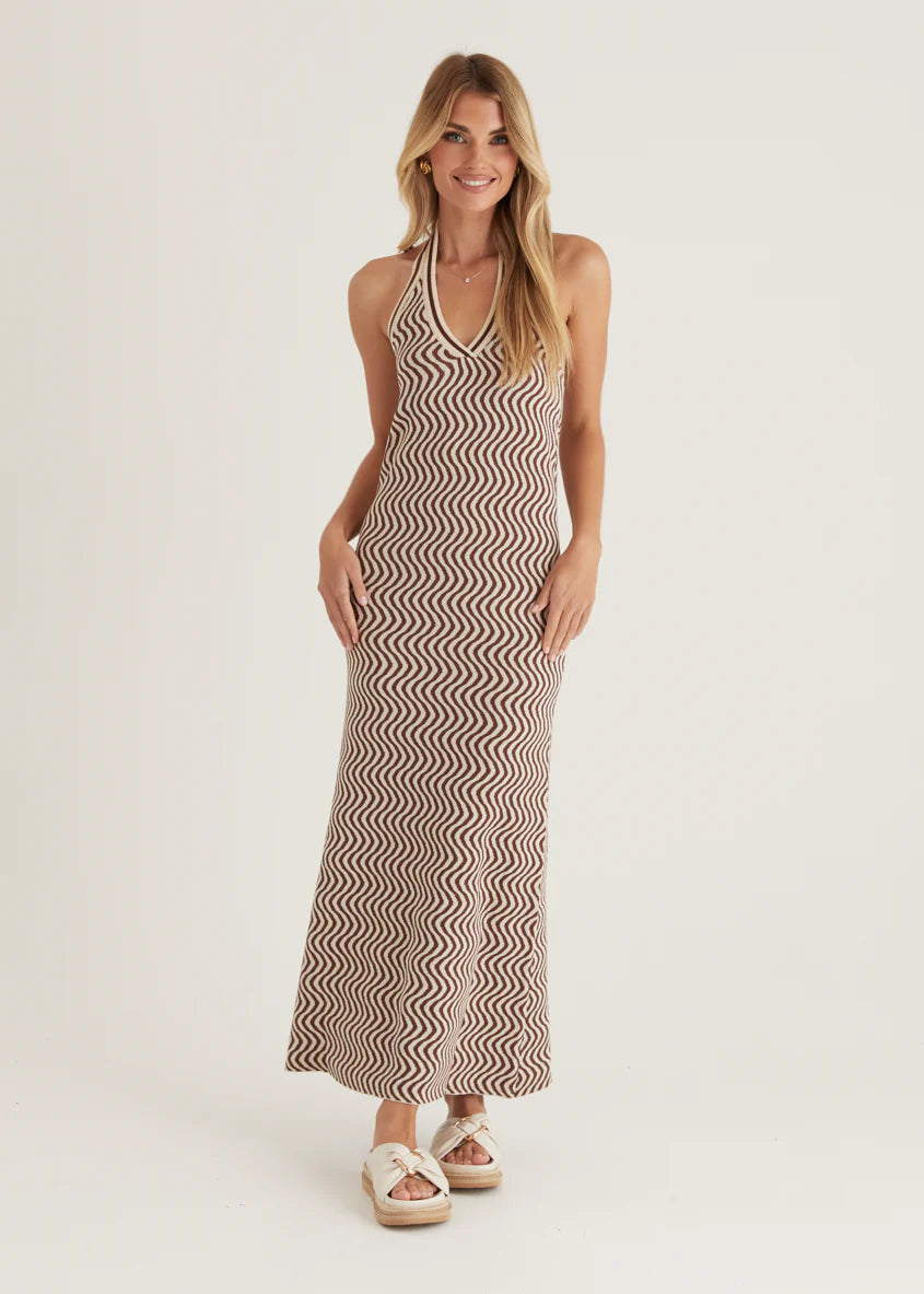 Lorelai Halter Knit Maxi Dress - Brown Swirl