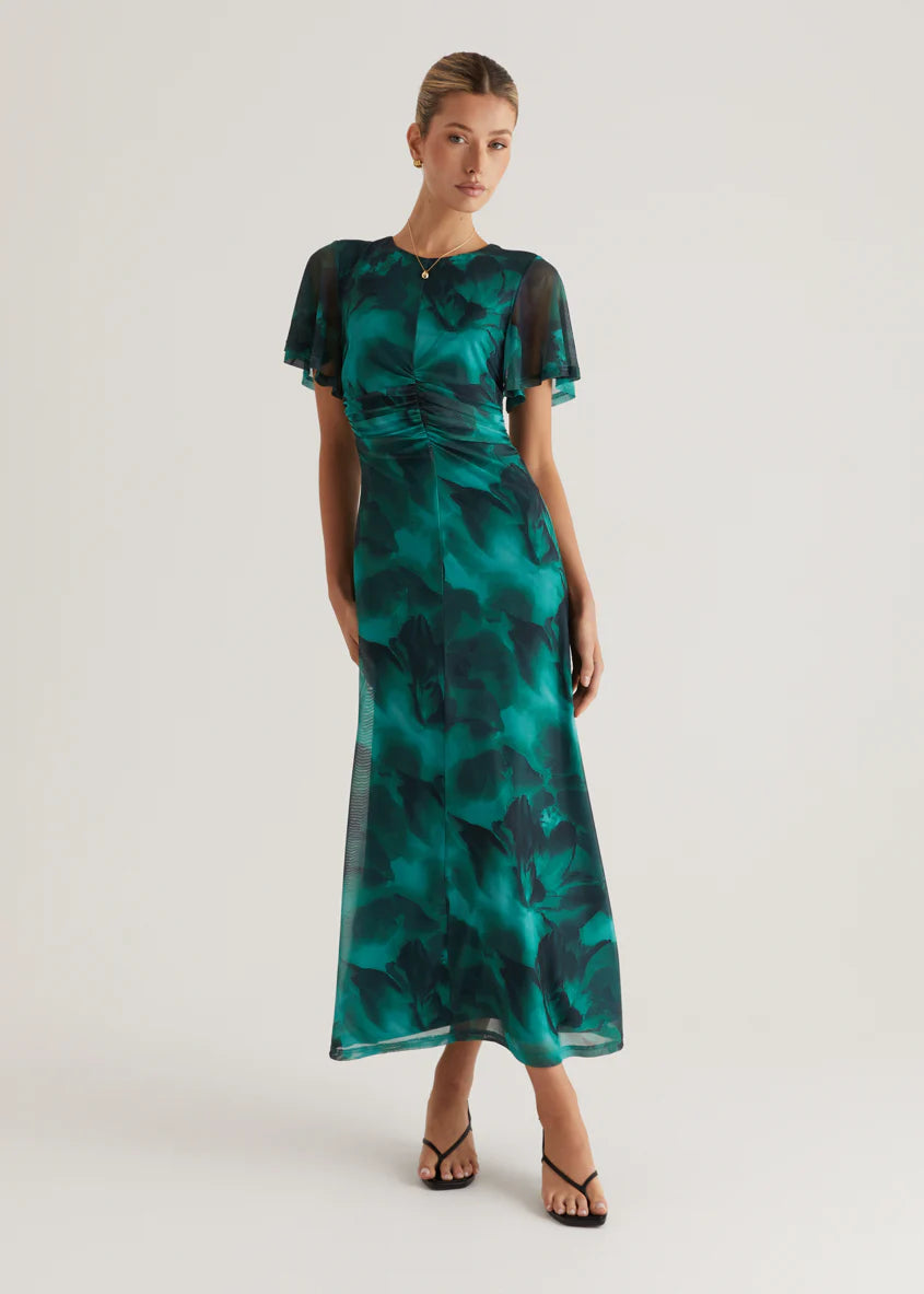 Ricki Mesh Midi Dress - Emerald Watercolour