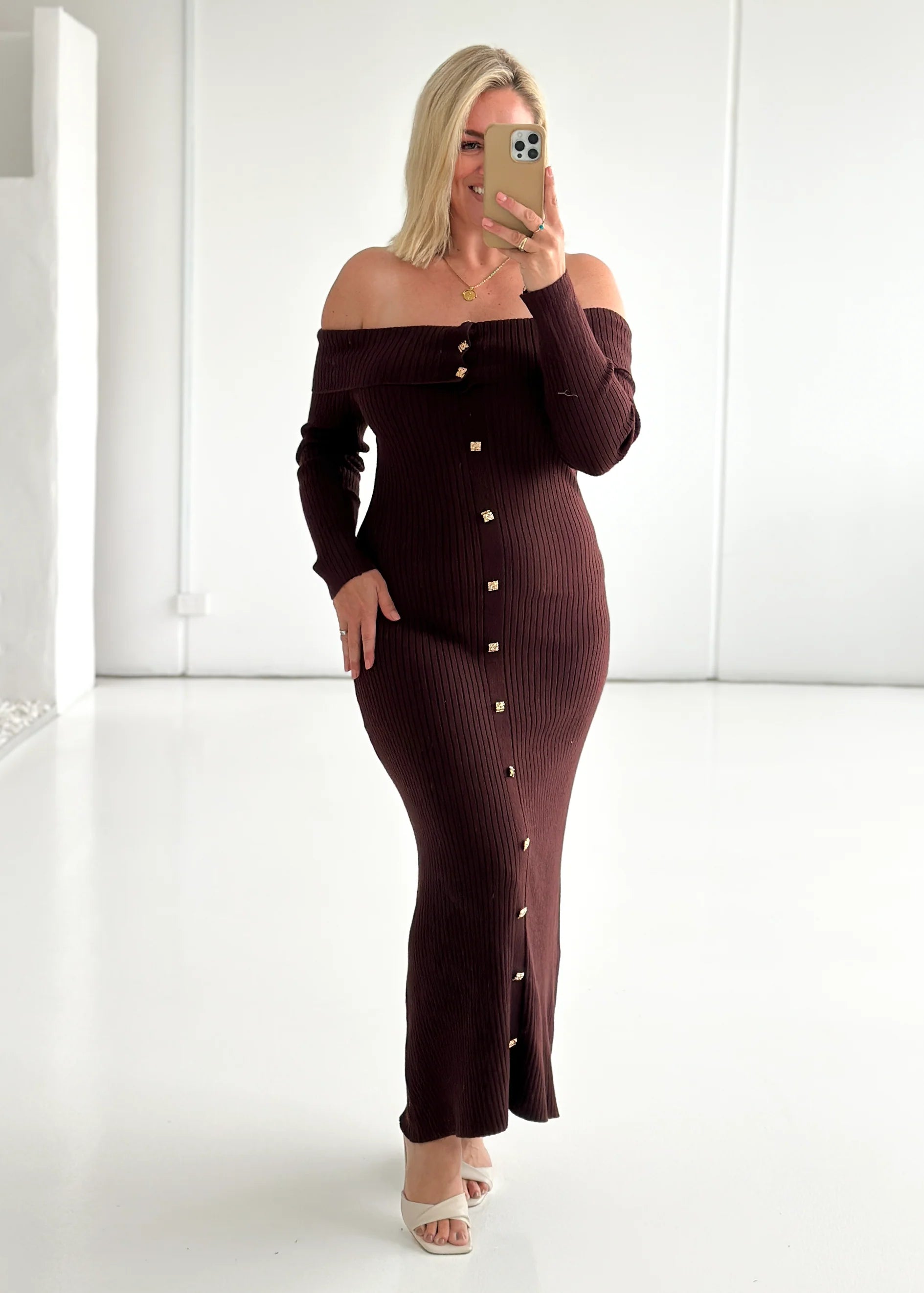 Aloe Off Shoulder Knit Maxi Dress - Chocolate