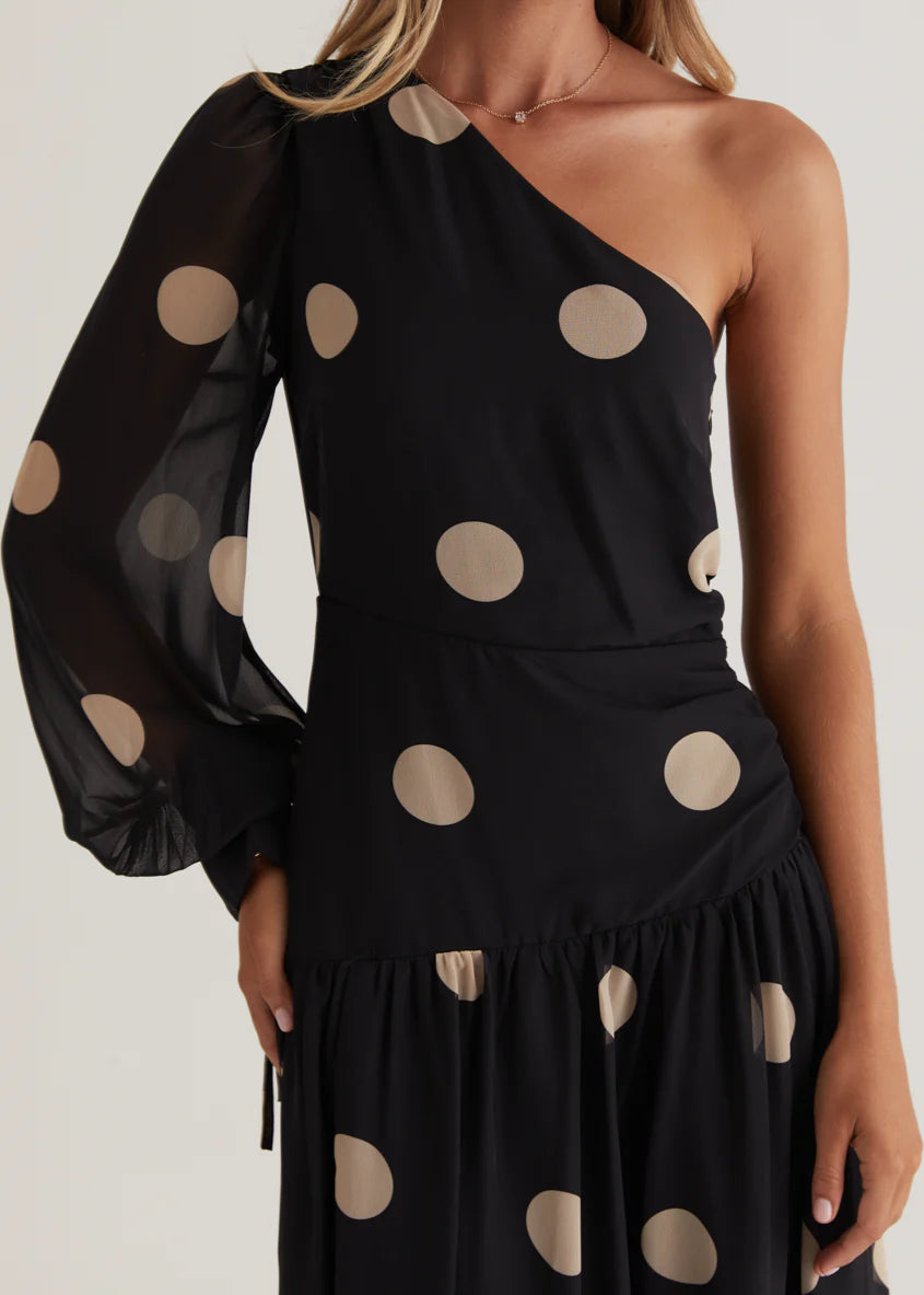 Ella One Shoulder Maxi Dress - Black Polka