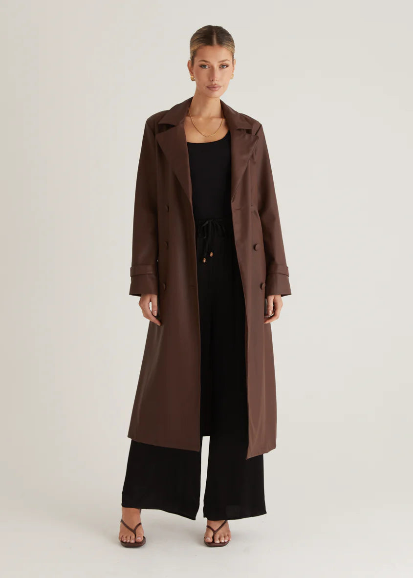 Chanti PU Trench Coat - Chocolate