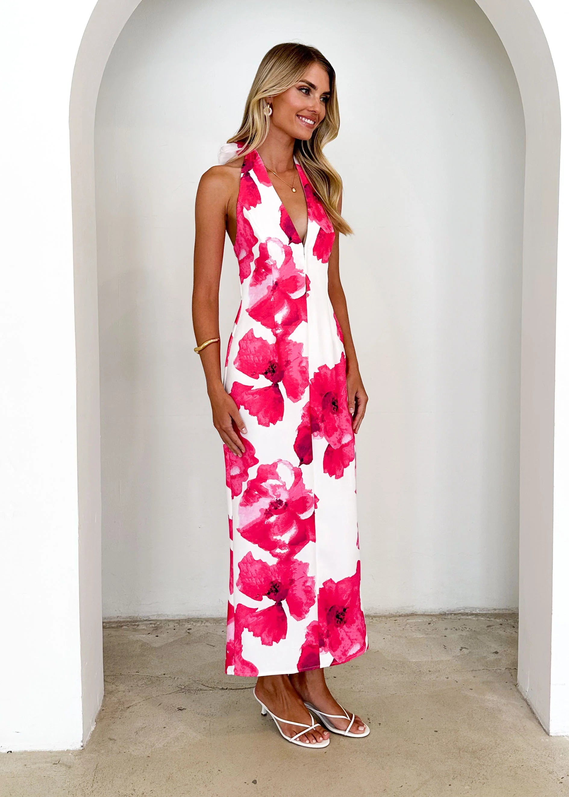 Tibetan Halter Maxi Dress - Pink Floral