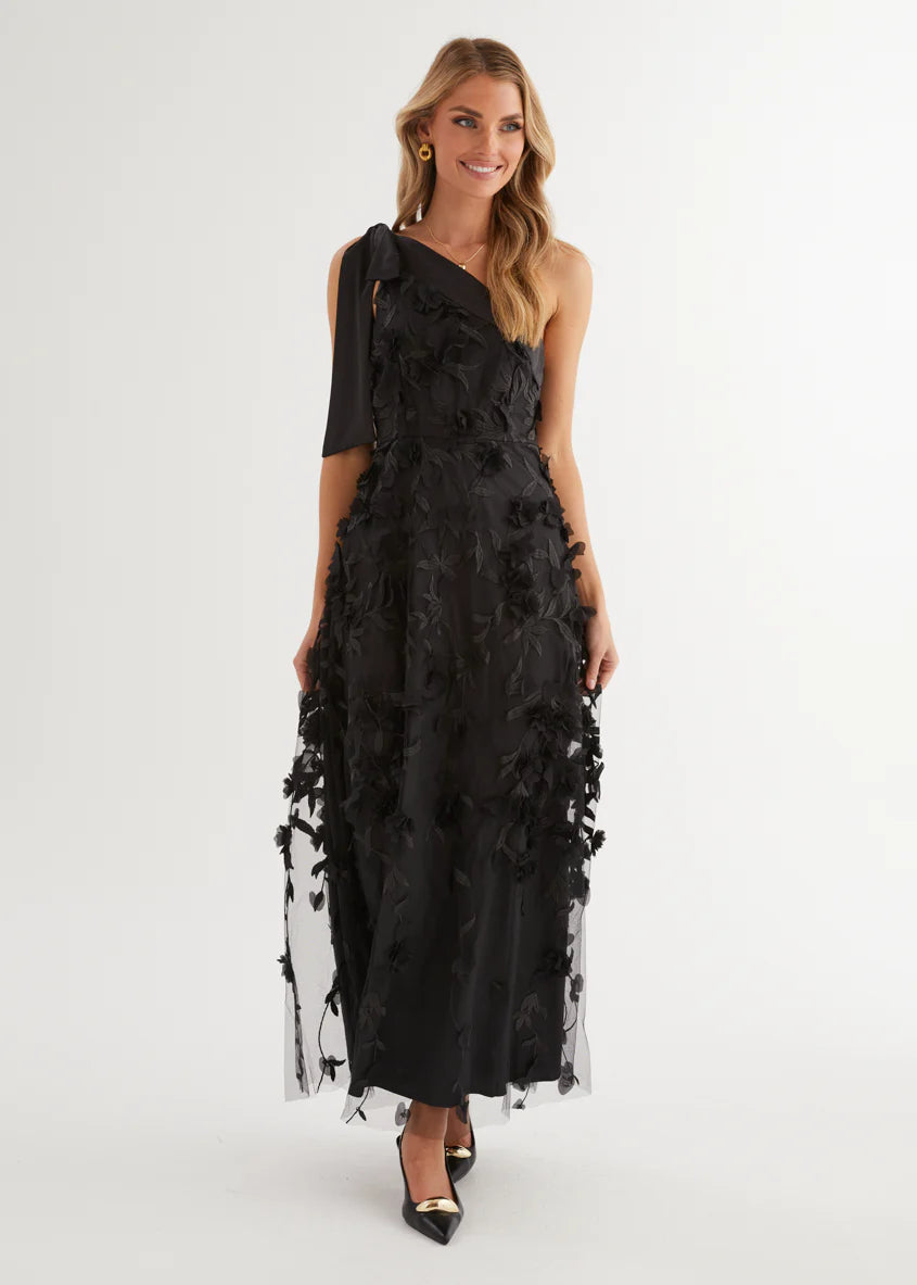 Devotion One Shoulder Midi Dress - Black