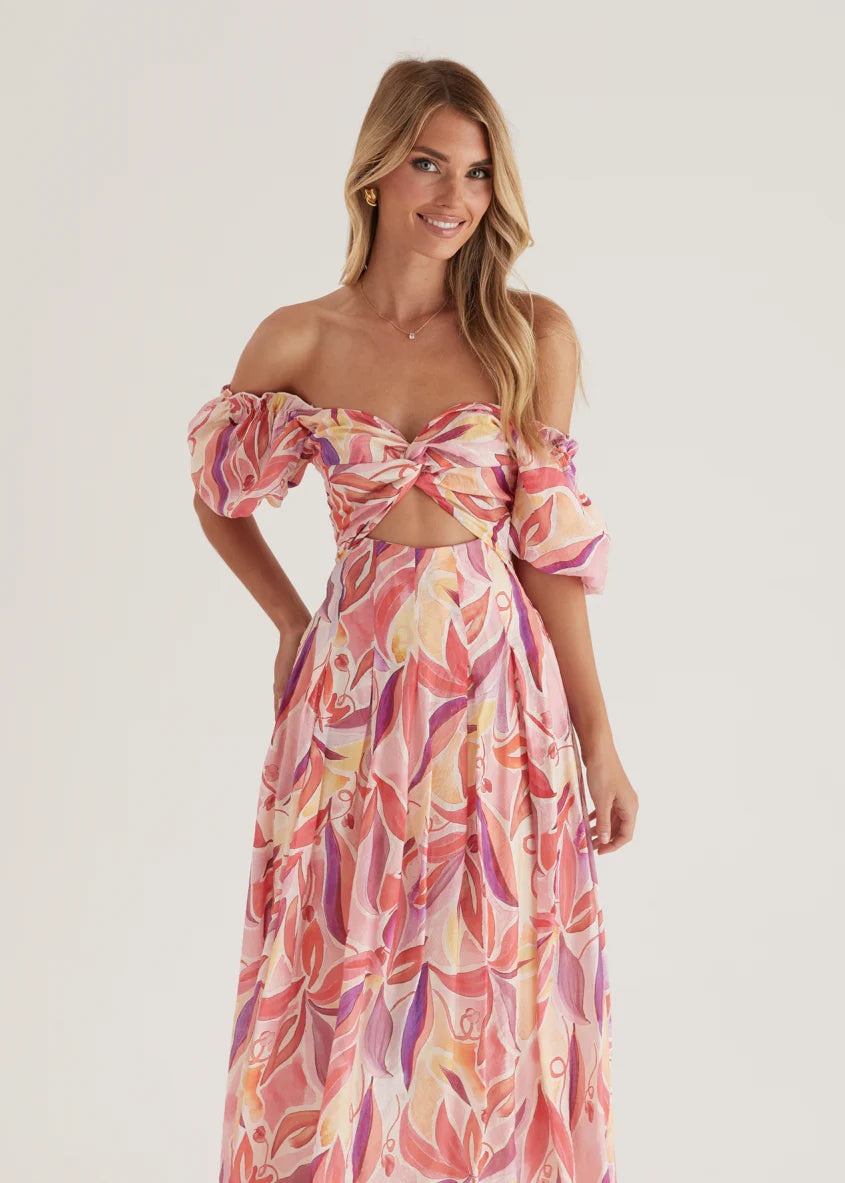 Bolero Off Shoulder Maxi Dress - Pink Abstract