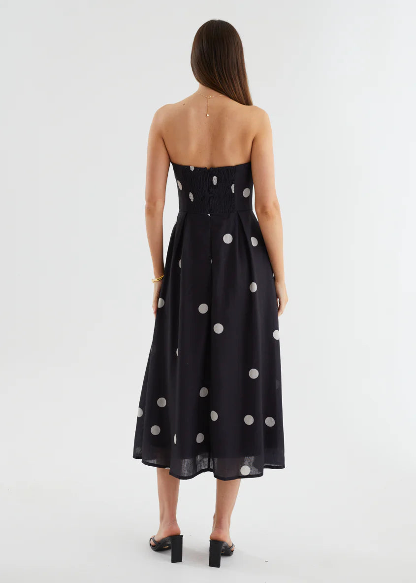 Charlee Strapless Midi Dress - Black Polka