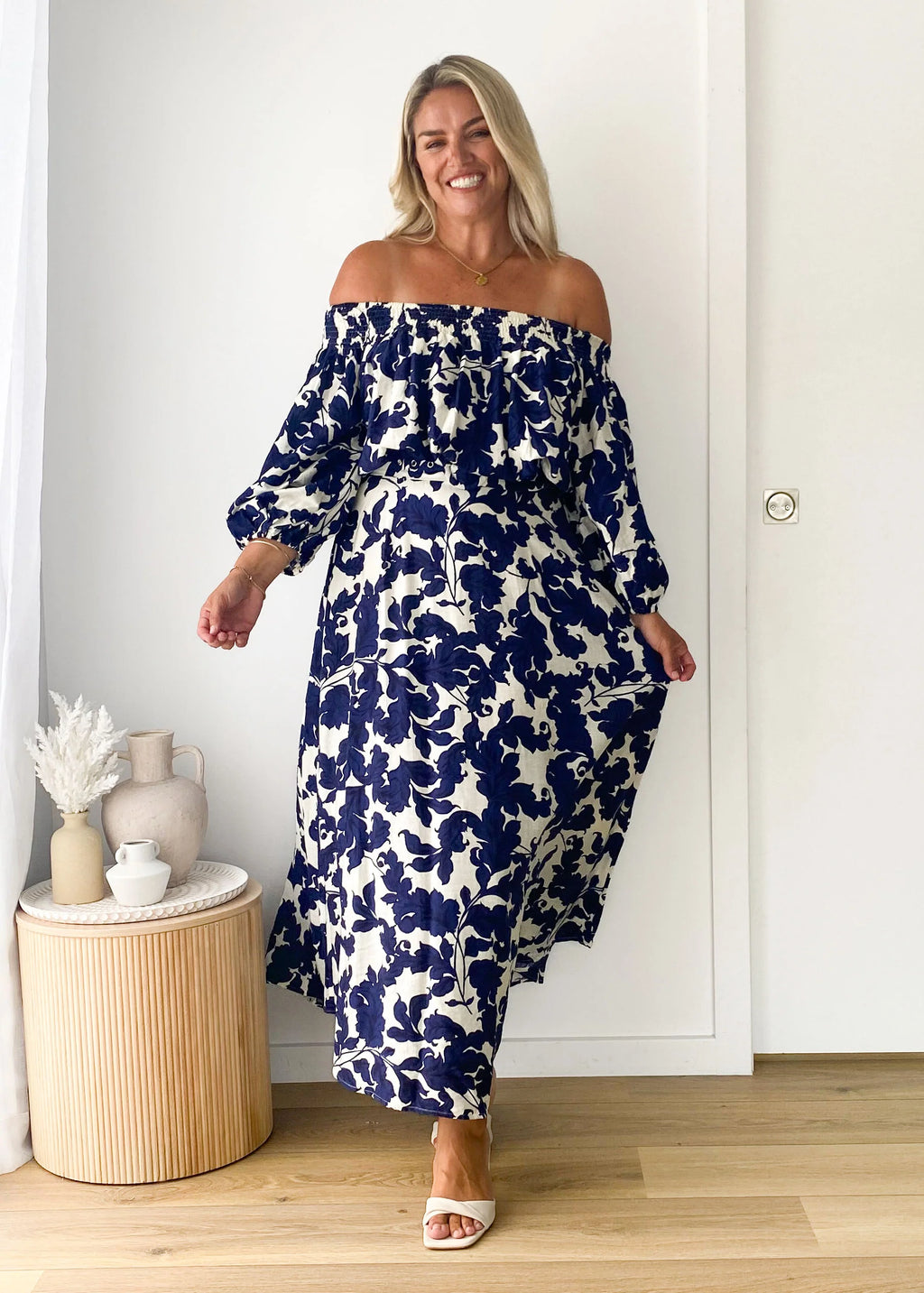 Talu Off Shoulder Midi Dress - Navy Paisley