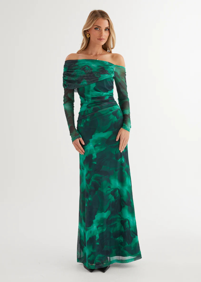 Nix Off Shoulder Maxi Dress - Emerald Watercolour