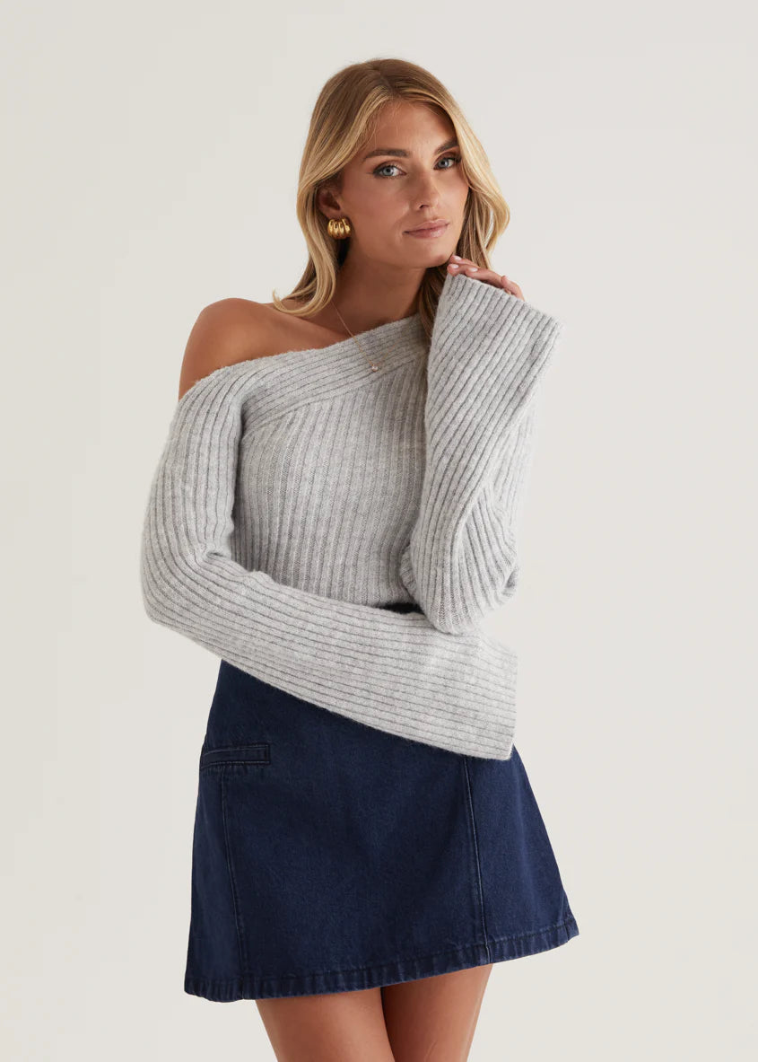 Lily One Shoulder Knit Top - Grey