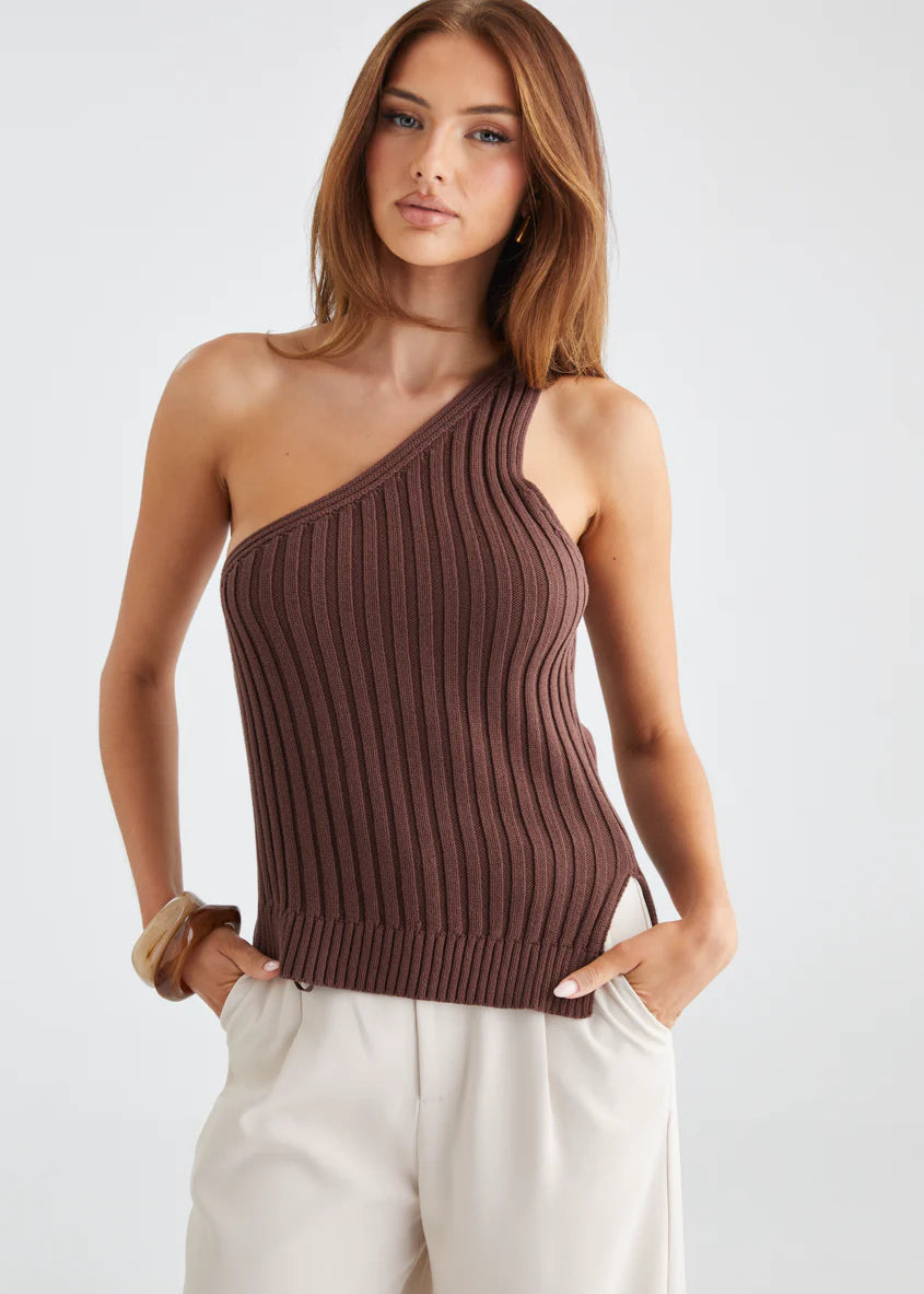 Natalee One Shoulder Knit Top - Chocolate