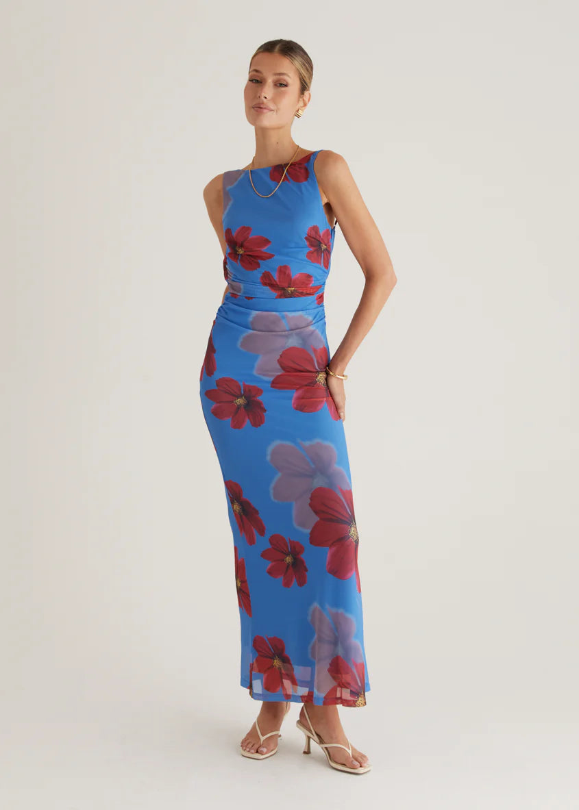 Rivka Mesh Maxi Dress - Blue Floral