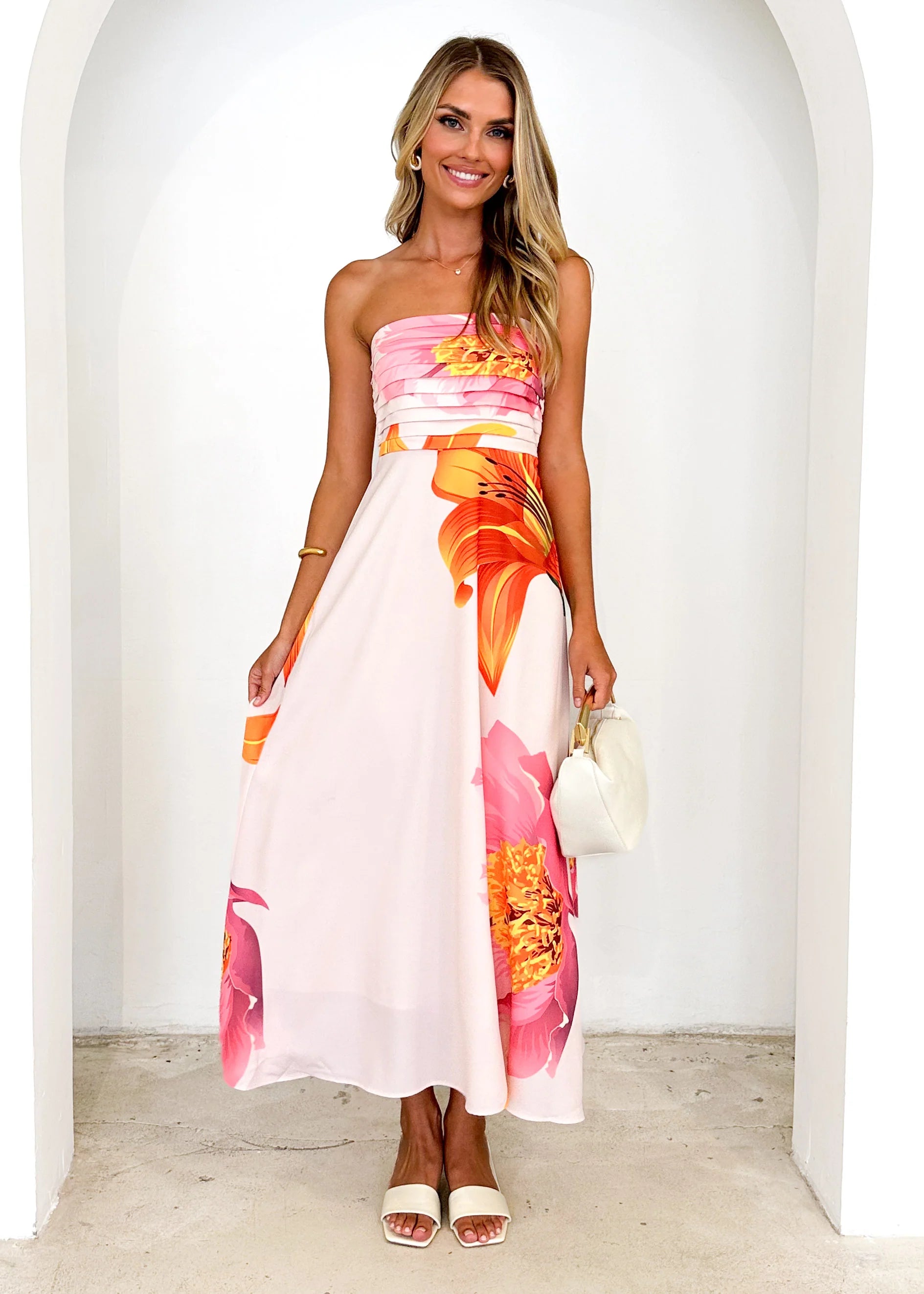 Illkua Strapless Midi Dress - Blush Floral