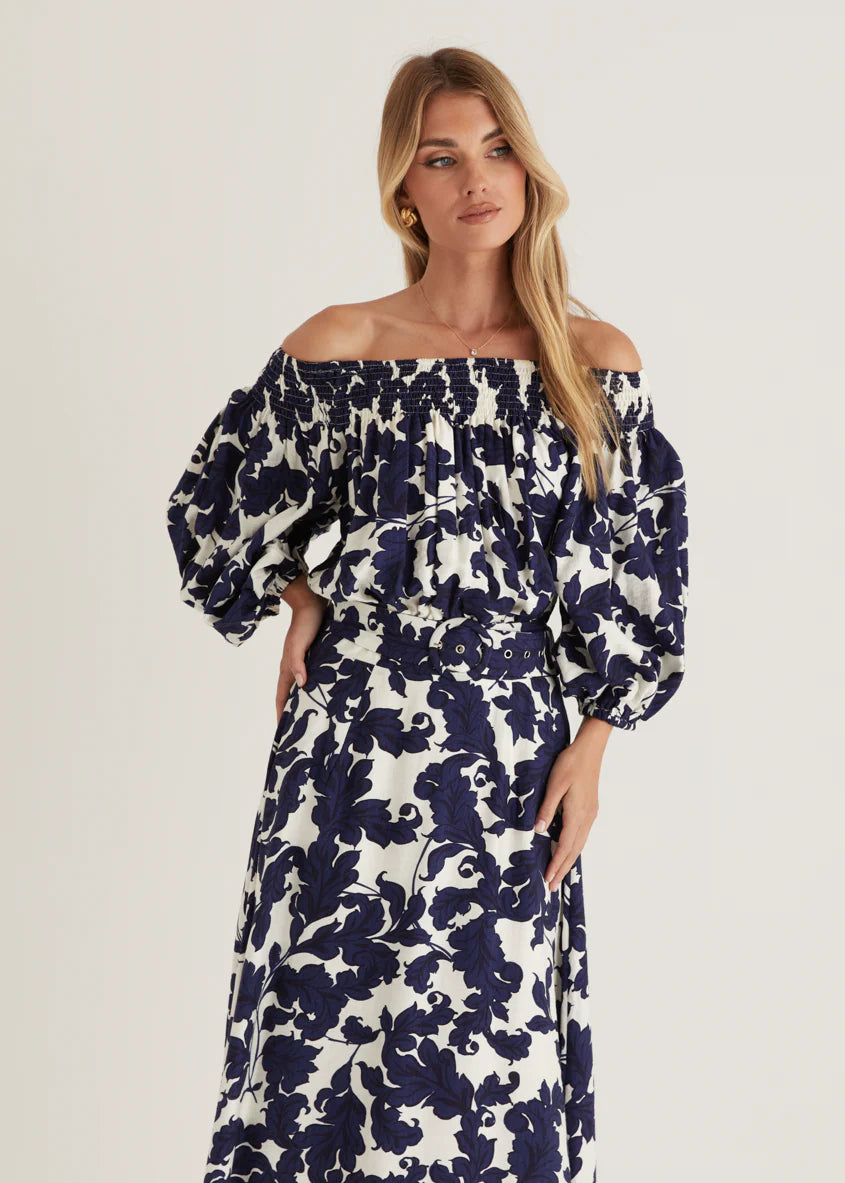 Talu Off Shoulder Midi Dress - Navy Paisley