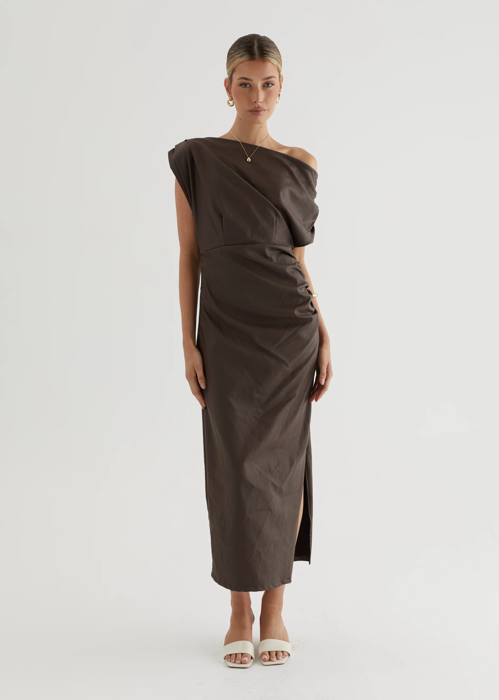 Estro Coated Midi Dress - Chocolate