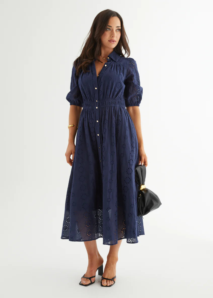 Eryn Midi Dress - Navy Anglaise
