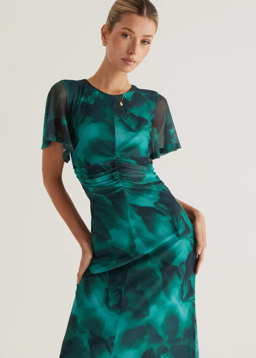 Ricki Mesh Midi Dress - Emerald Watercolour