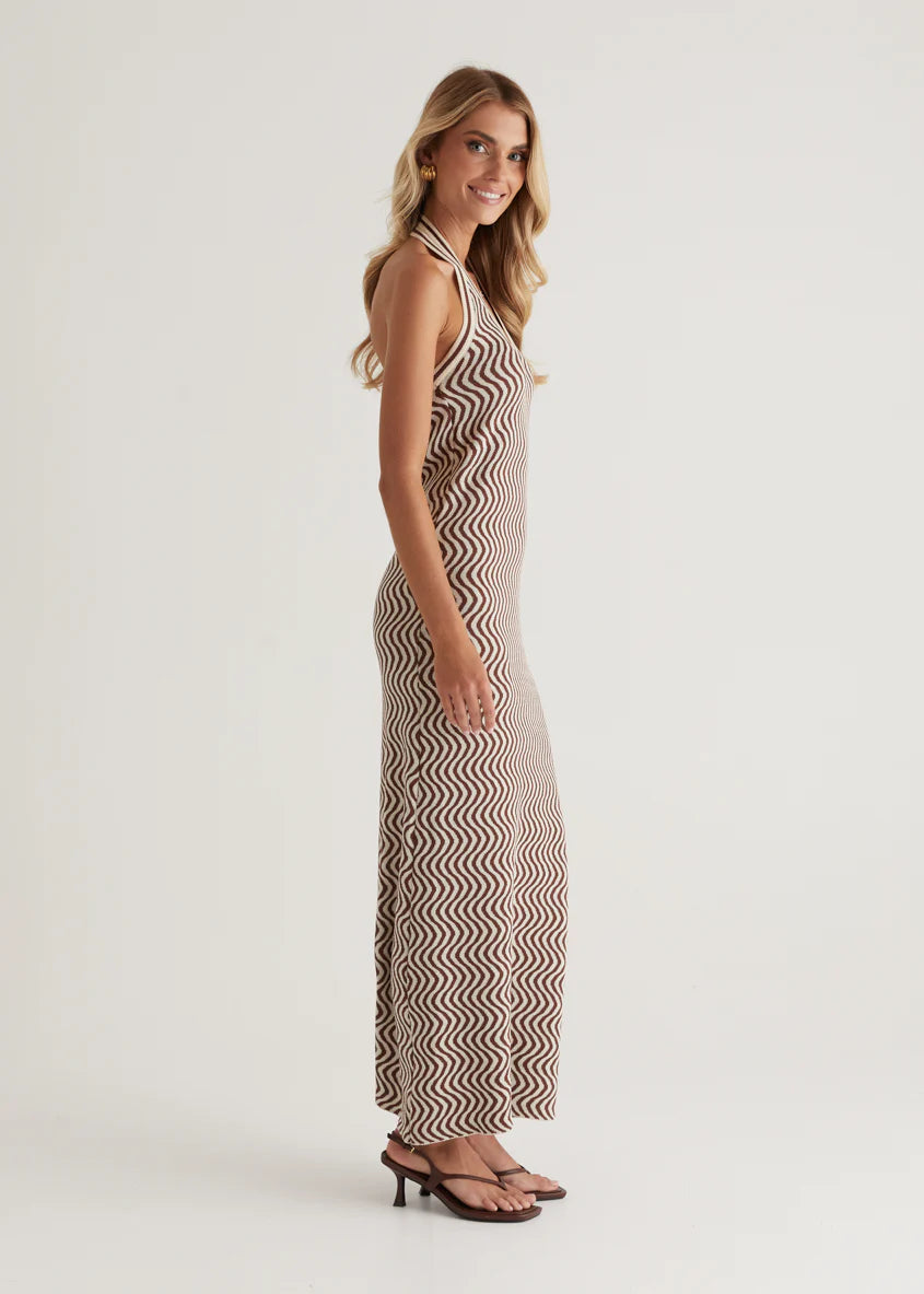 Lorelai Halter Knit Maxi Dress - Brown Swirl