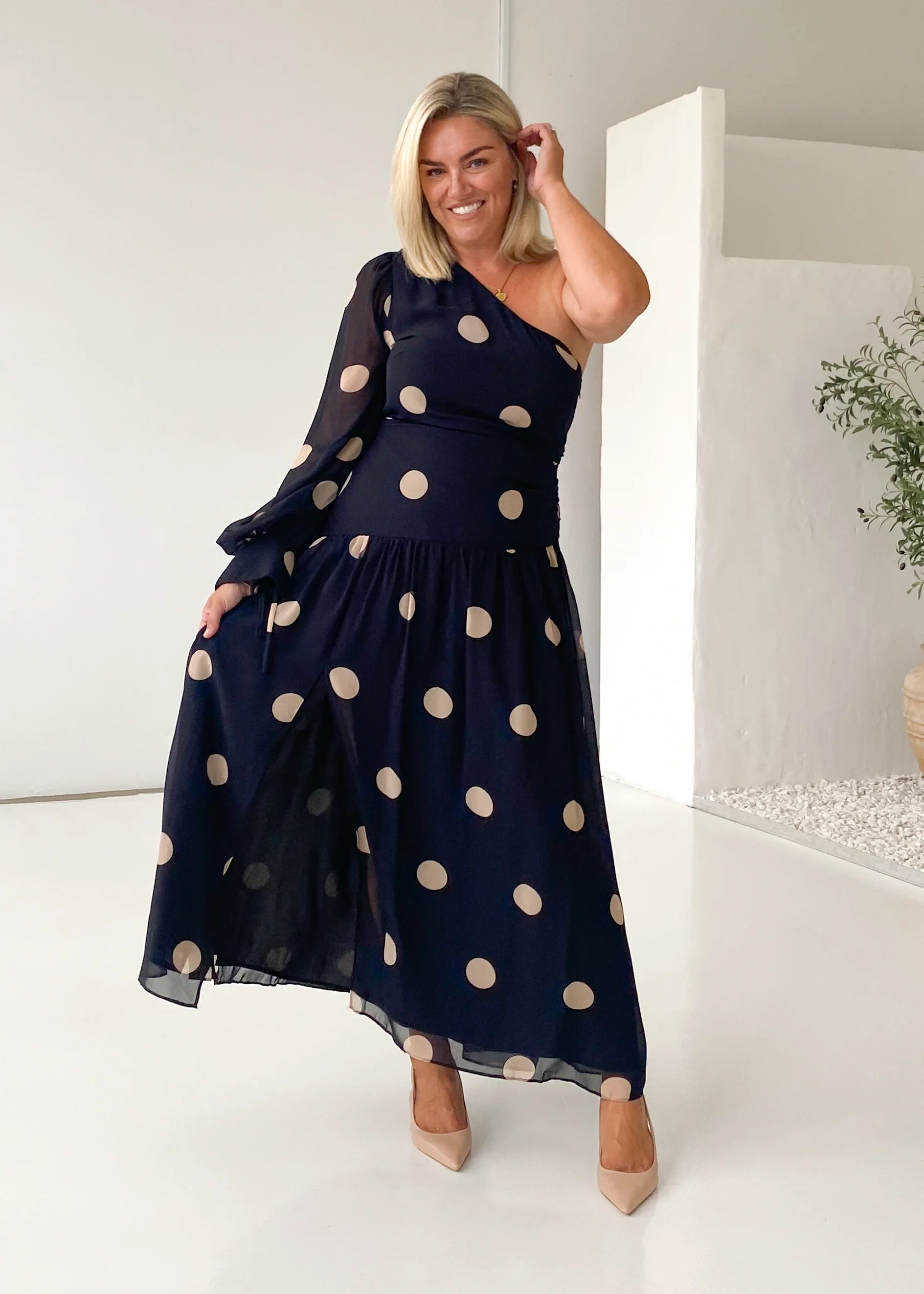 Ella One Shoulder Maxi Dress - Black Polka