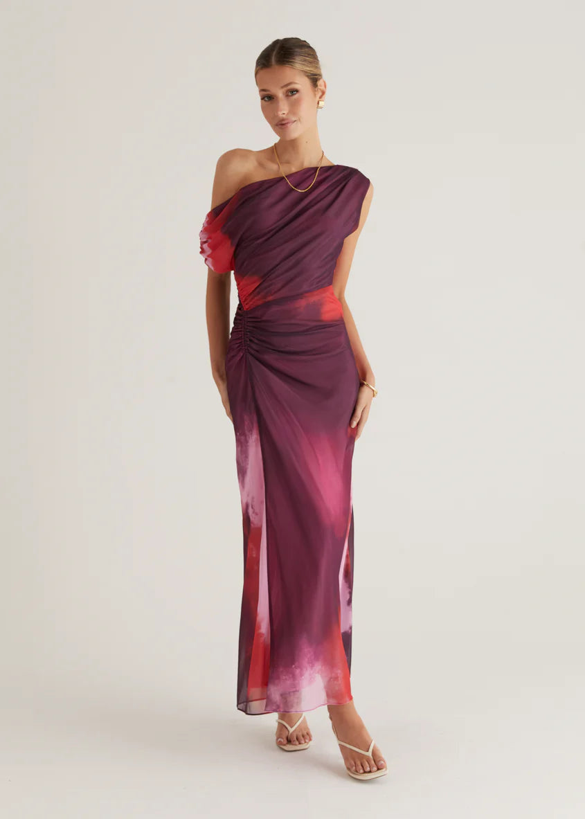 Byron One Shoulder Maxi Dress - Plum Tie Dye