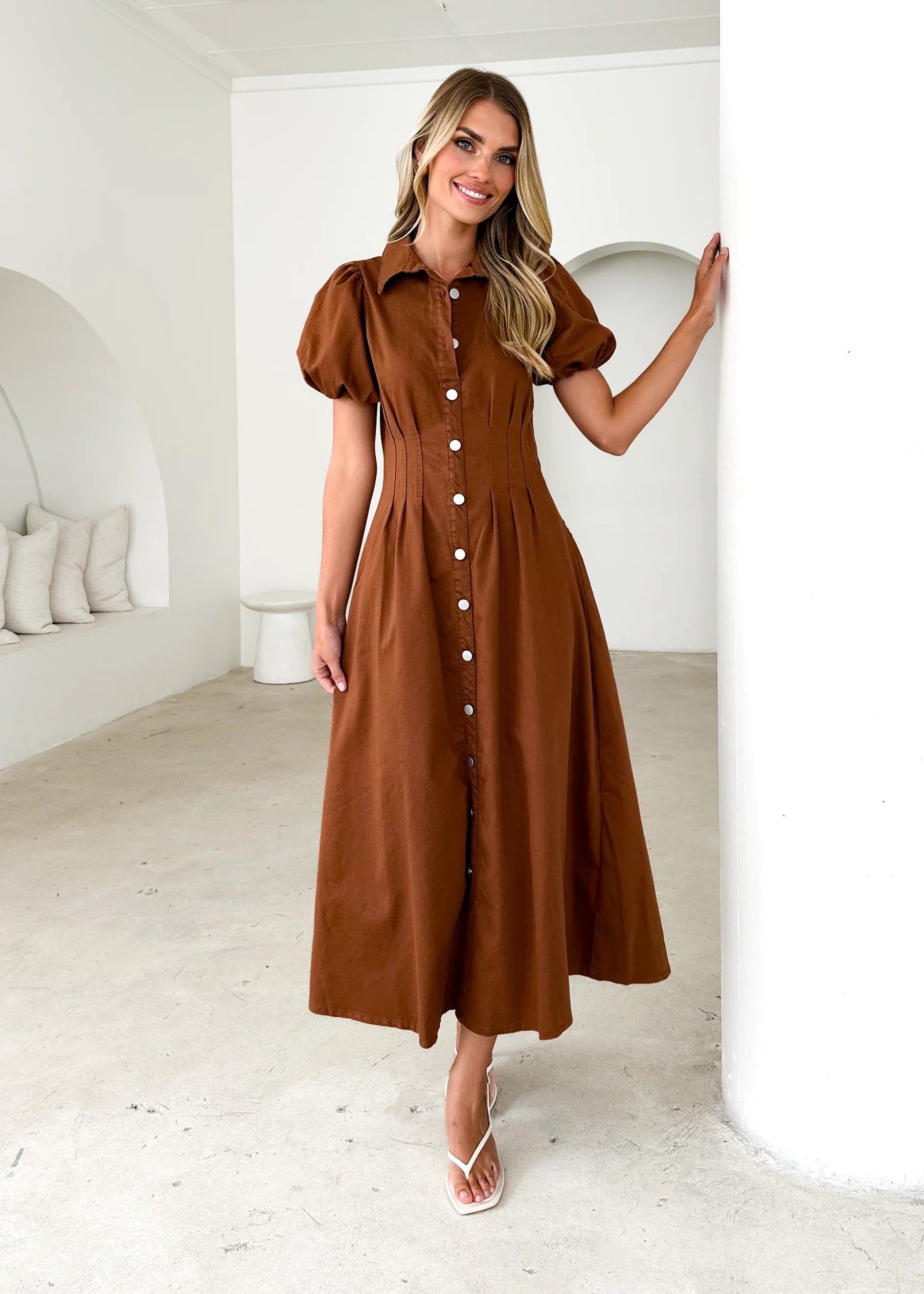 Acer Denim Midi Dress - Brown