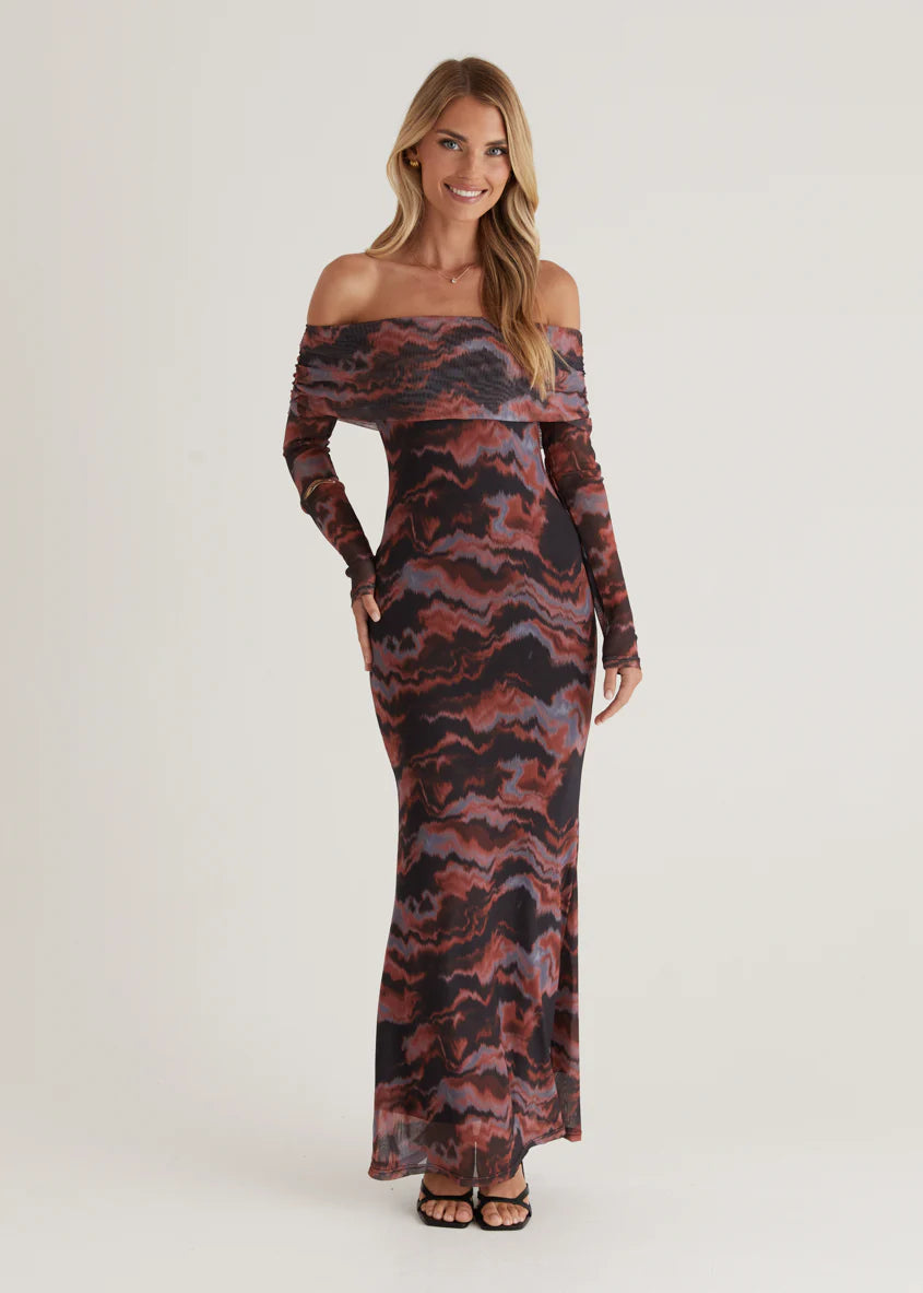 Sienna Mesh Off Shoulder Maxi Dress - Black Tie Dye