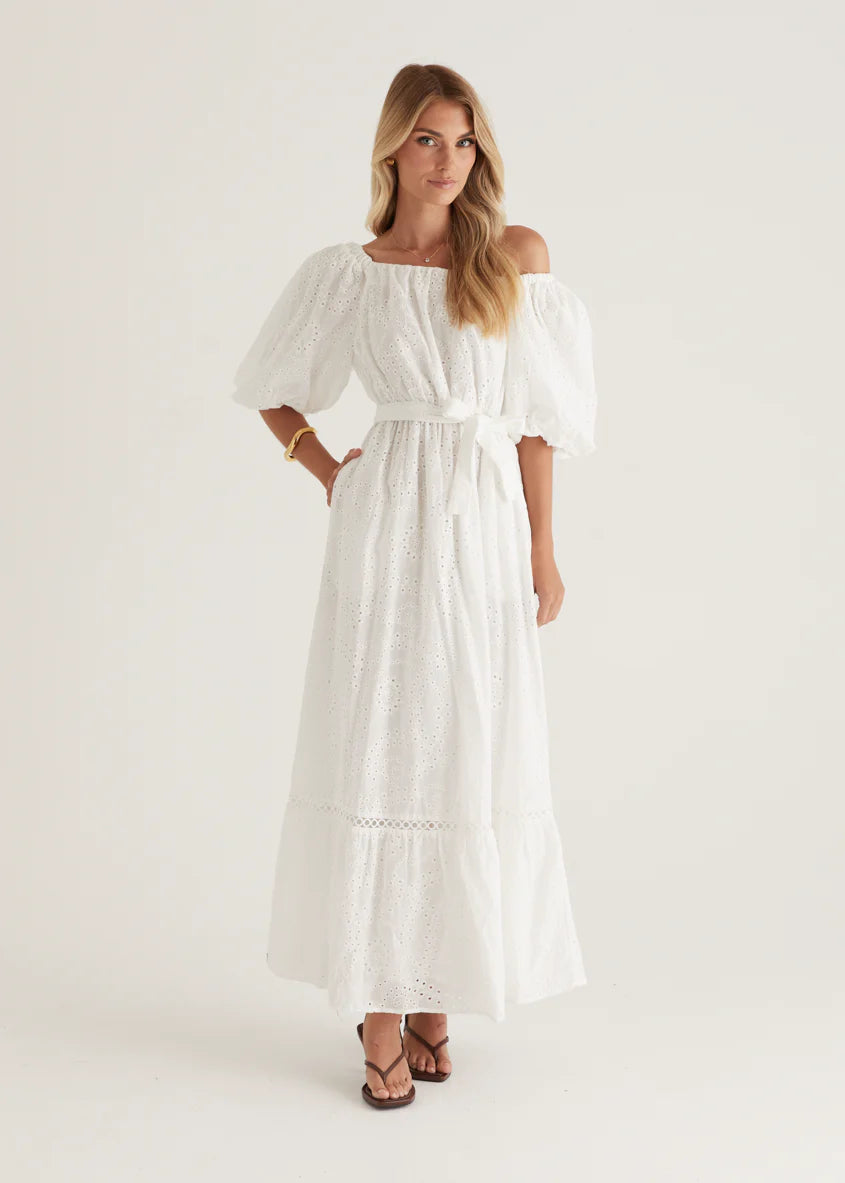 Ellerie Midi Dress - White Anglaise